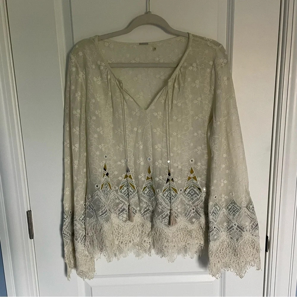 Elie Tahari Imelda Long-Sleeve Embroidered Blouse Natural - 18481 - Picture 2 of 10